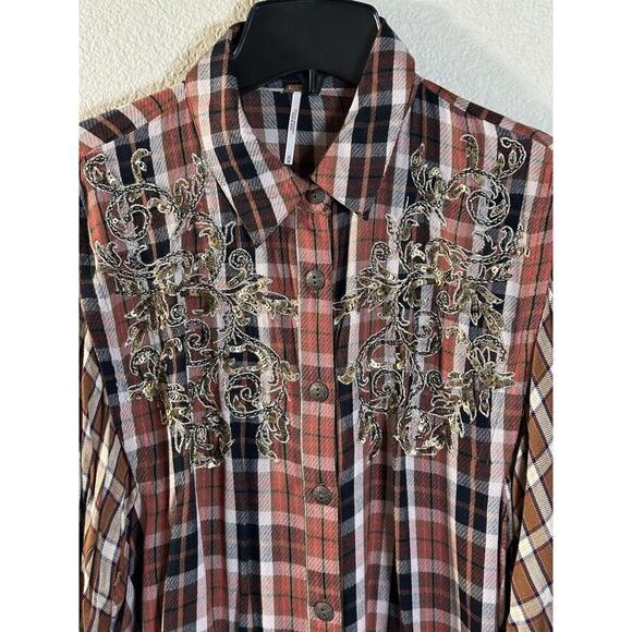 Free People Copper Plaid Snow Top Mountain Top Shirt Button down Medium M NEW - Picture 5 of 16